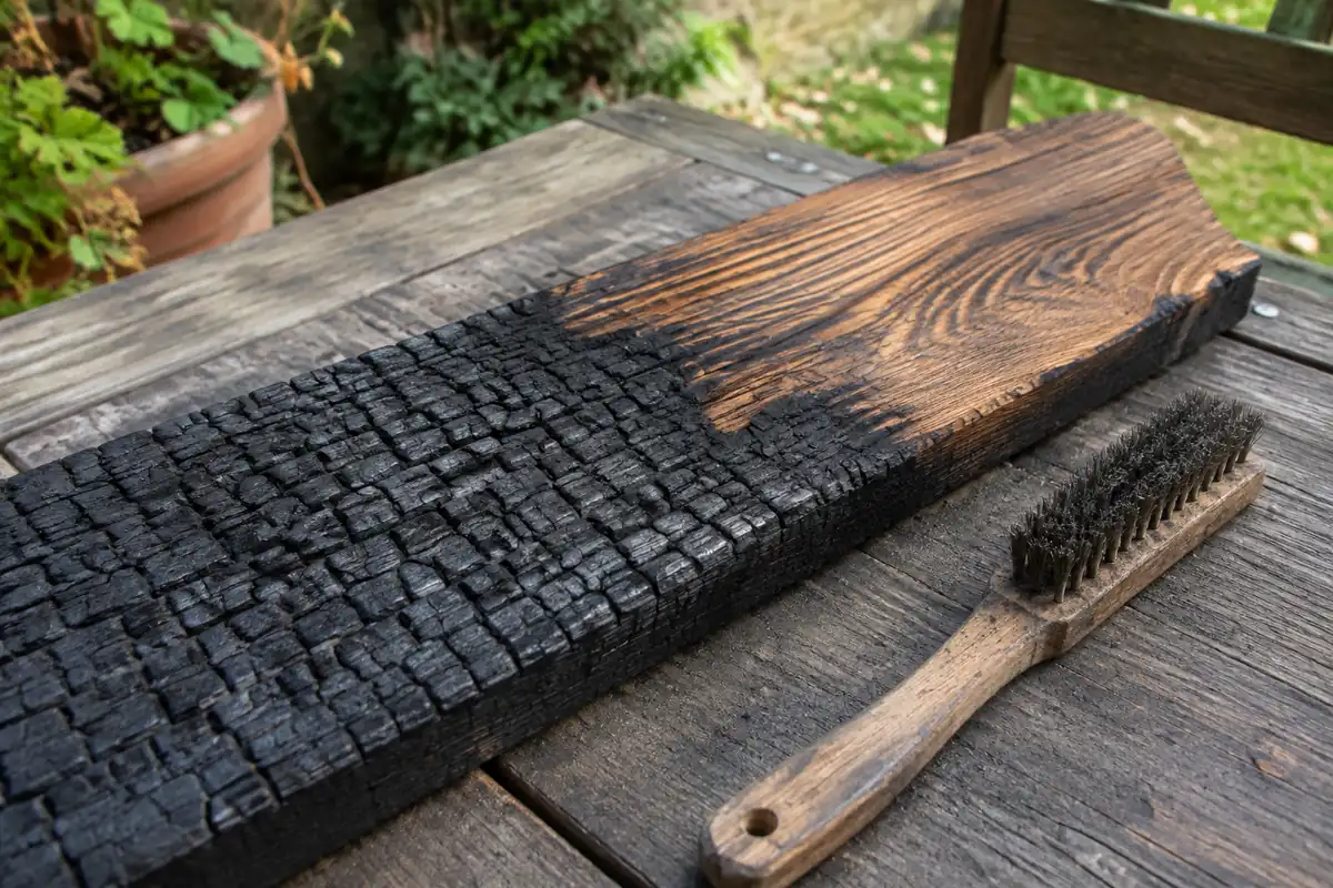Une planche à la surface carbonisée en écailles, à moitié brossée pour révéler le veinage, à côté d'une brosse métallique