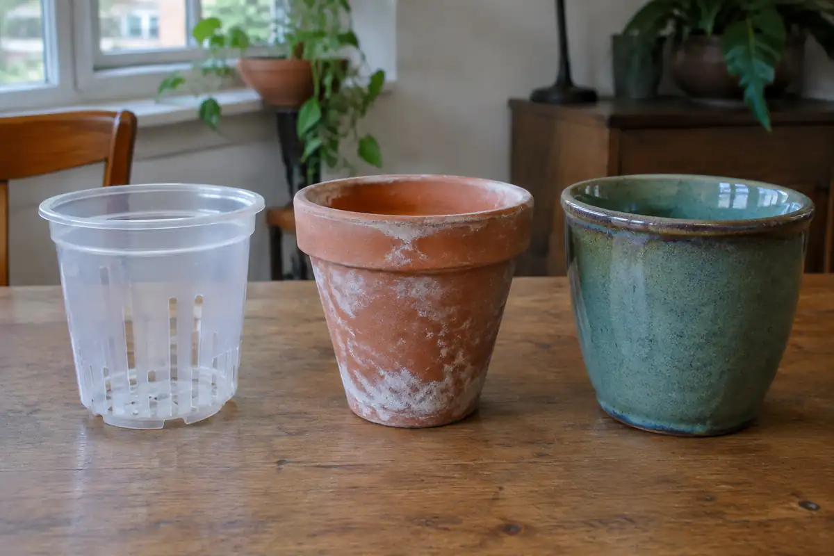 Trois pots vides côte à côte : plastique ajouré, terre cuite non émaillée et céramique émaillée