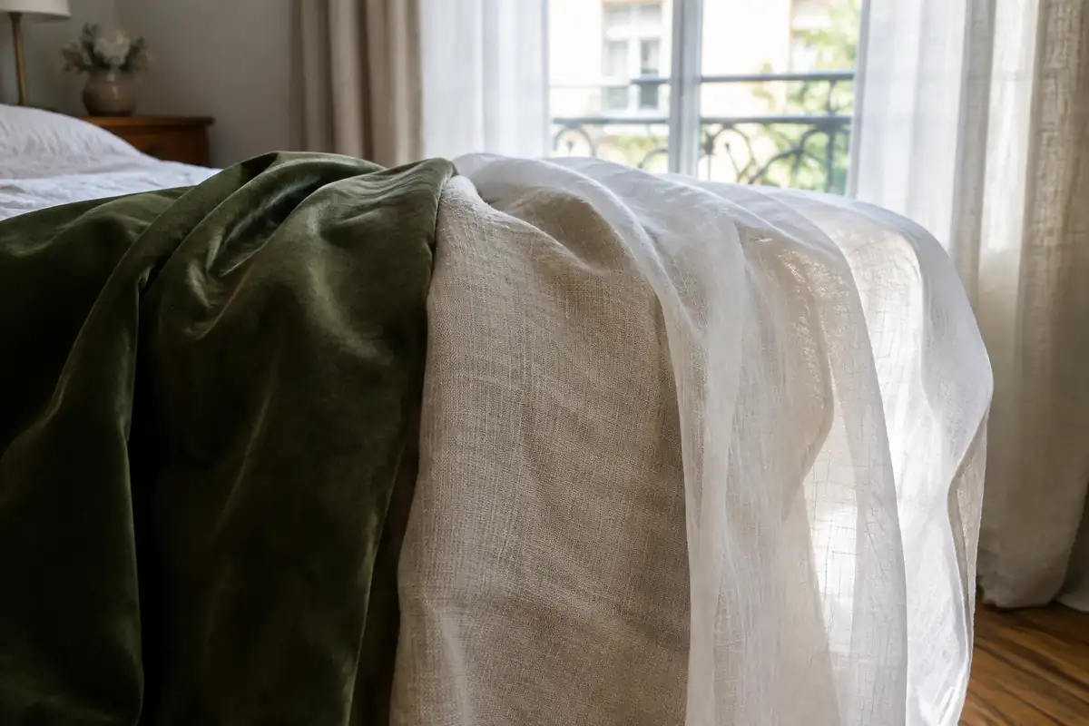 Velours, lin et voilage posés sur le bord d'un lit devant une fenêtre
