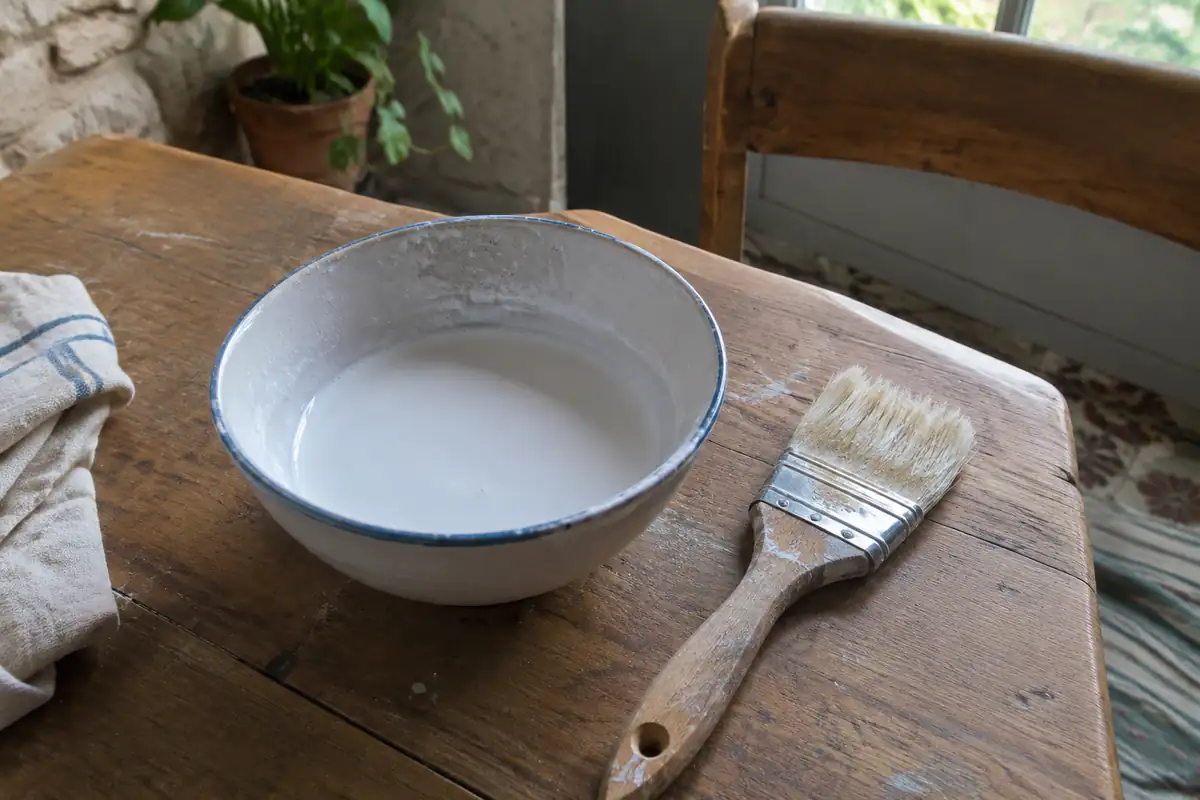 Bol de blanc de Meudon et pinceau posés sur une table en bois