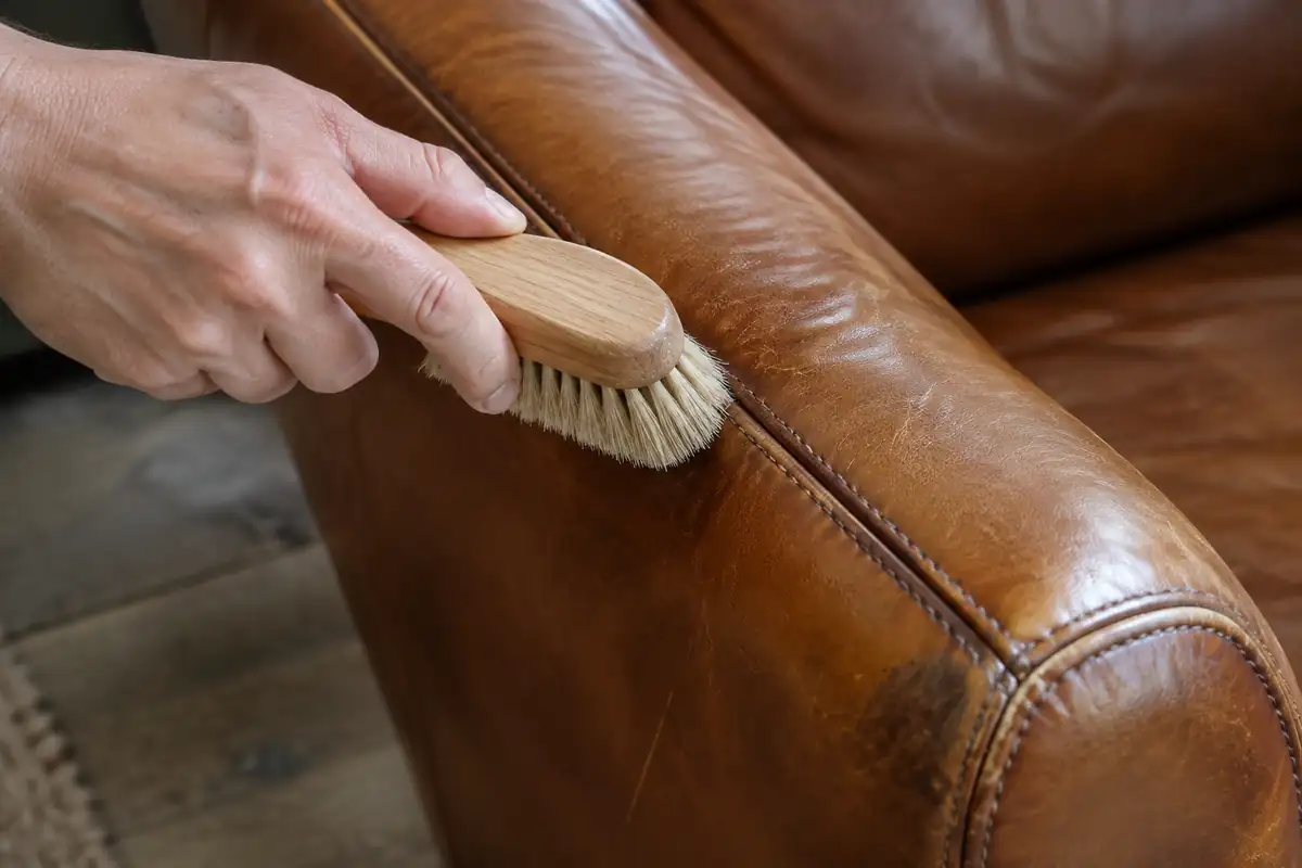 Brosse à poils souples passée le long de la couture d'un accoudoir en cuir
