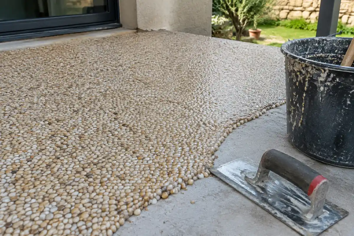 Granulats de marbre roulés enrobés de résine étalés sur une dalle béton, truelle de lissage posée au bord