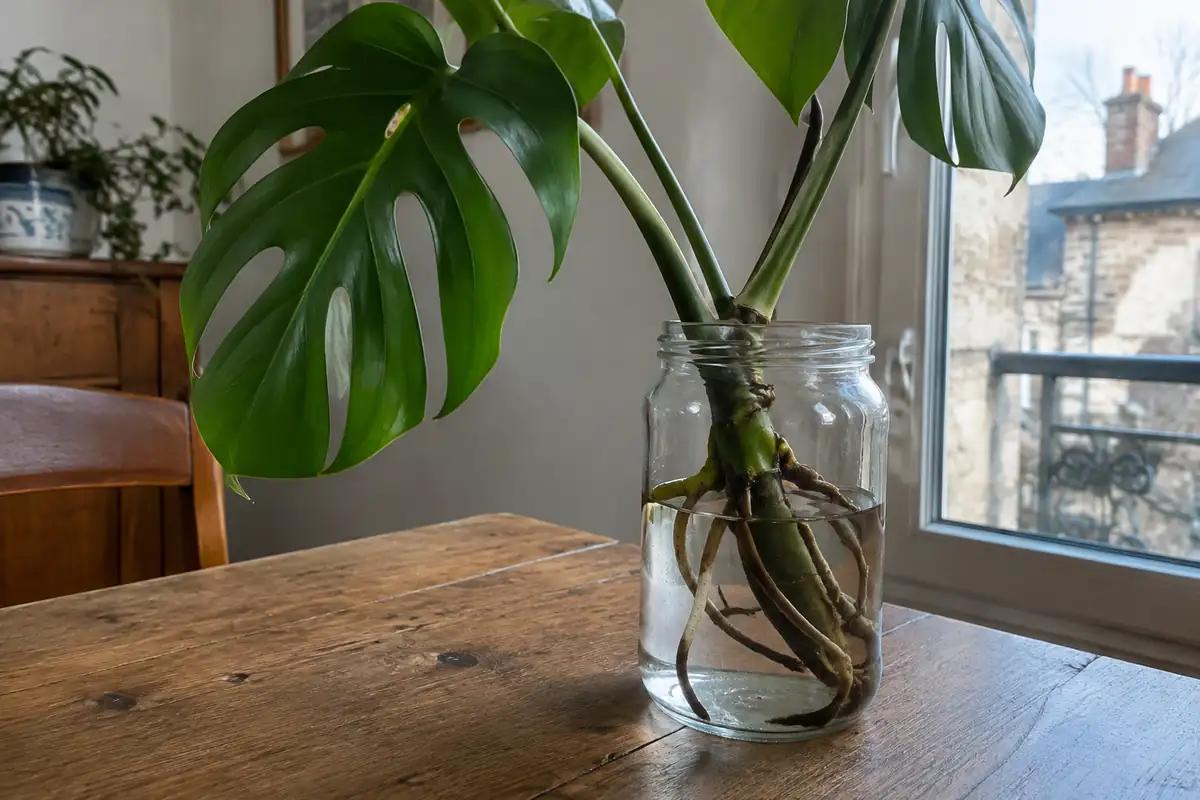 Tige de monstera taillée avec racines dans un bocal d'eau