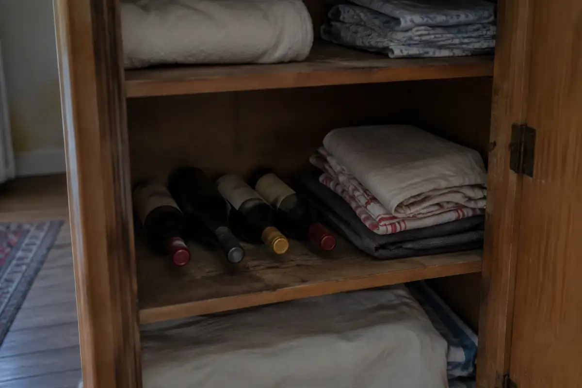 Bouteilles de vin couchées sur l'étagère basse d'un placard