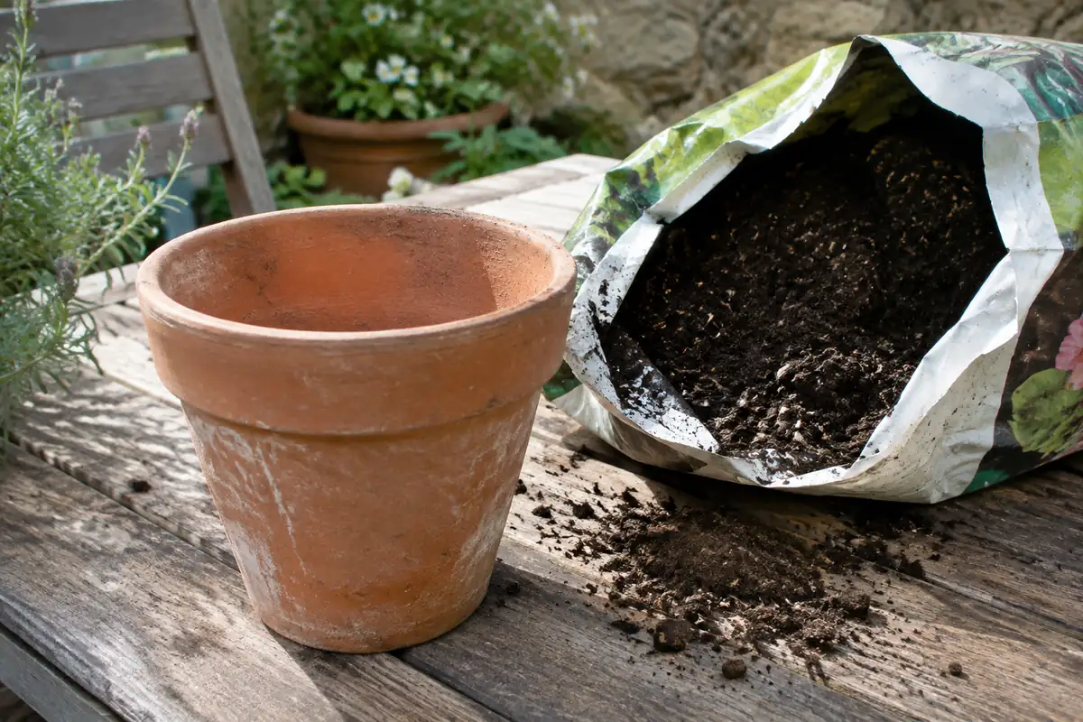 Pot en terre cuite vide posé près d'un sac de terreau ouvert sur une table de jardin