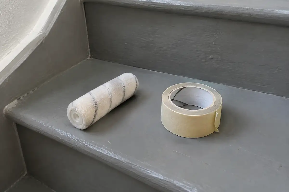 Rouleau et ruban de masquage posés sur une marche d'escalier en bois peinte en gris
