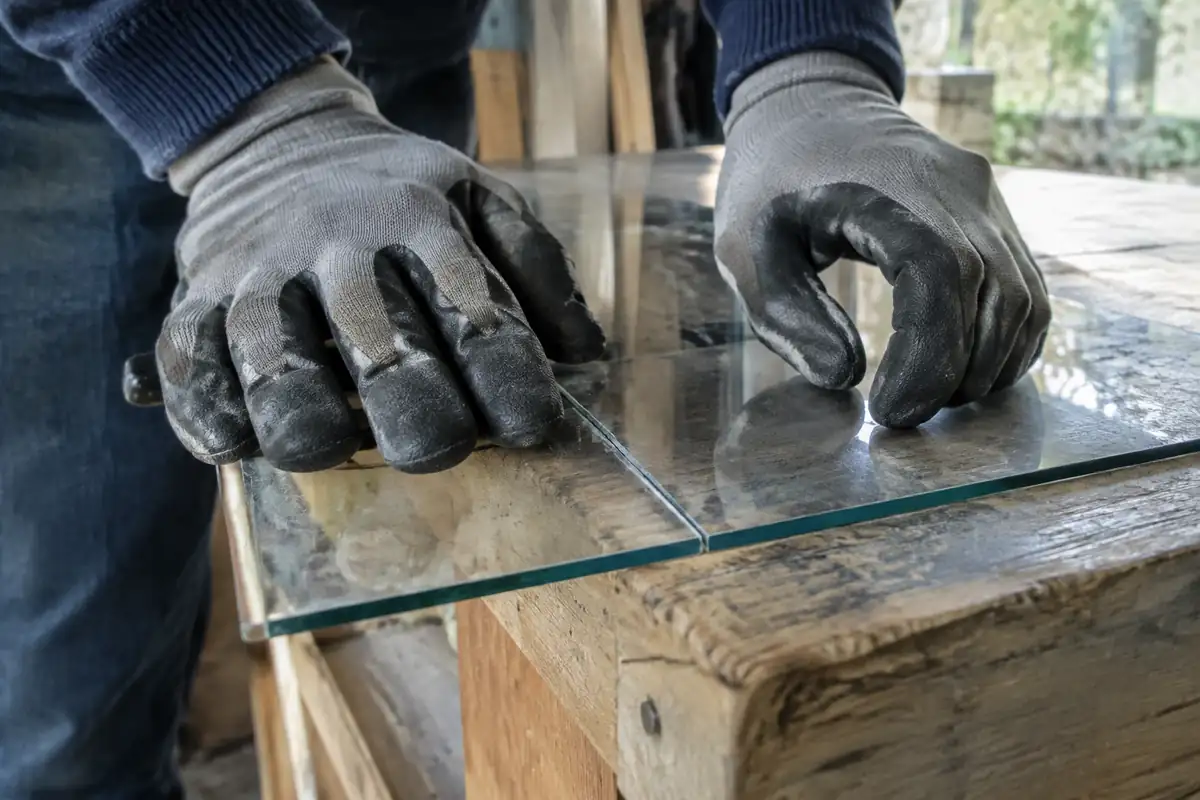 Deux mains gantées appuient de part et d'autre d'un trait sur une plaque de verre posée au bord d'un établi en bois