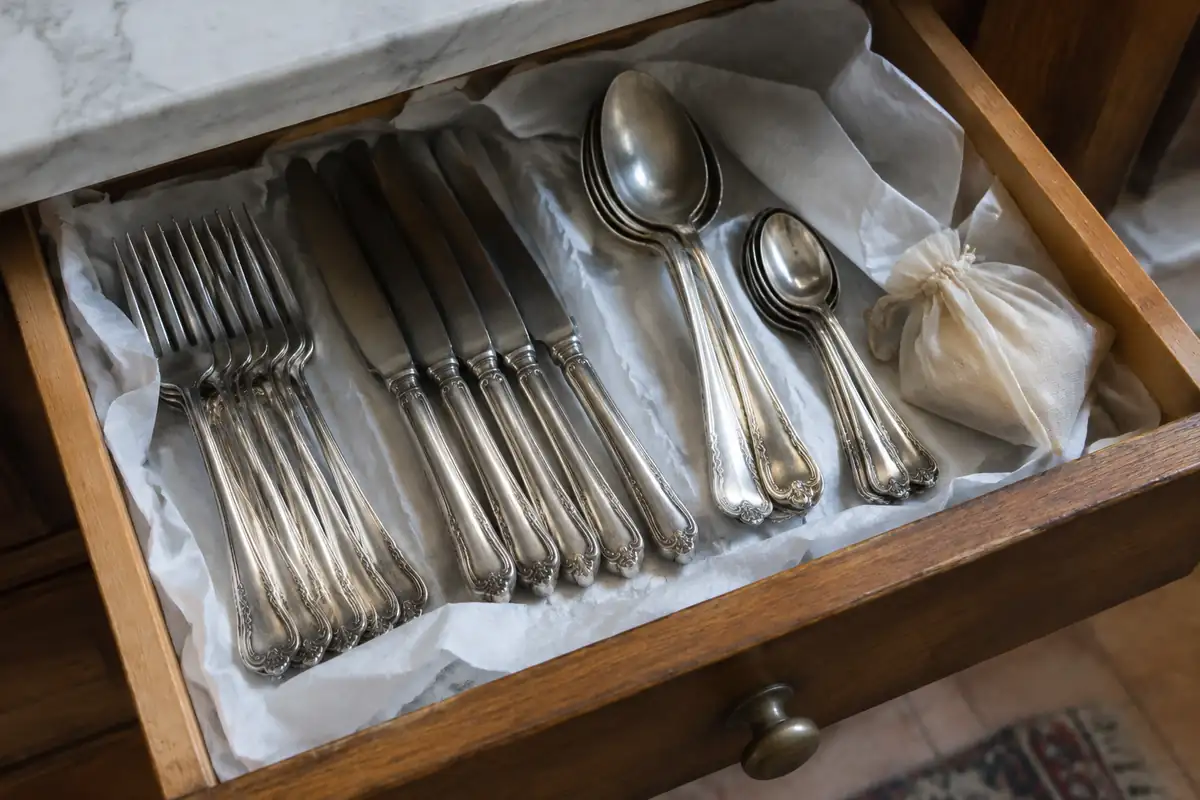 Tiroir doublé de papier de soie avec des couverts en argent et un petit sachet de mousseline
